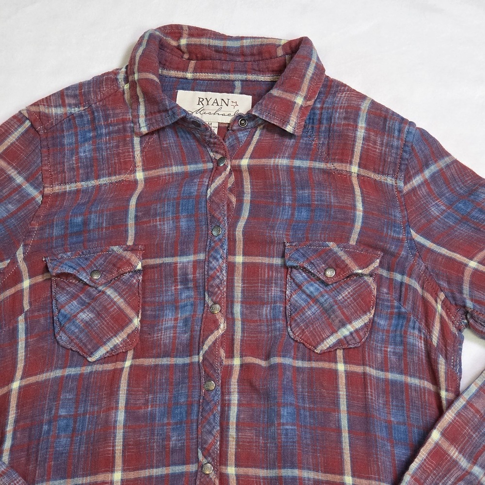 Ryan Michael Indigo Plaid Cotton Gauze Western‎ Snap Front Shirt Dress Medium